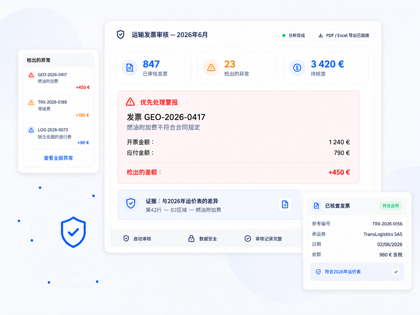 FretGuard 界面在运输发票上显示燃油附加费警报